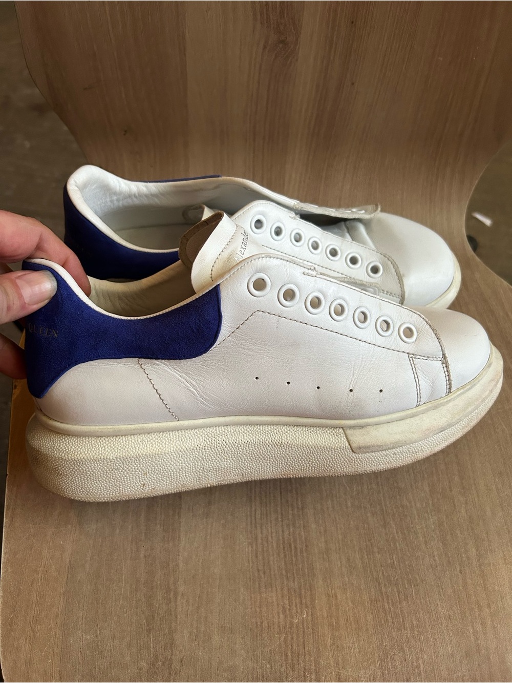 White Leather Sneakers with Blue Heel Accent - Men's Casual Shoes